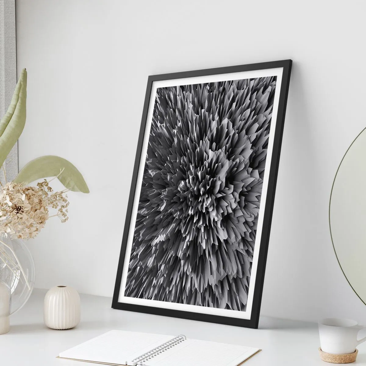 Poster în ramă neagră - Compoziție abstractă alb-negru cu forme geometrice - 50x70cm - Mai ascuțit nu se poate - Decorațiune modernă pentru perete pentru living și dormitor ARTTOR