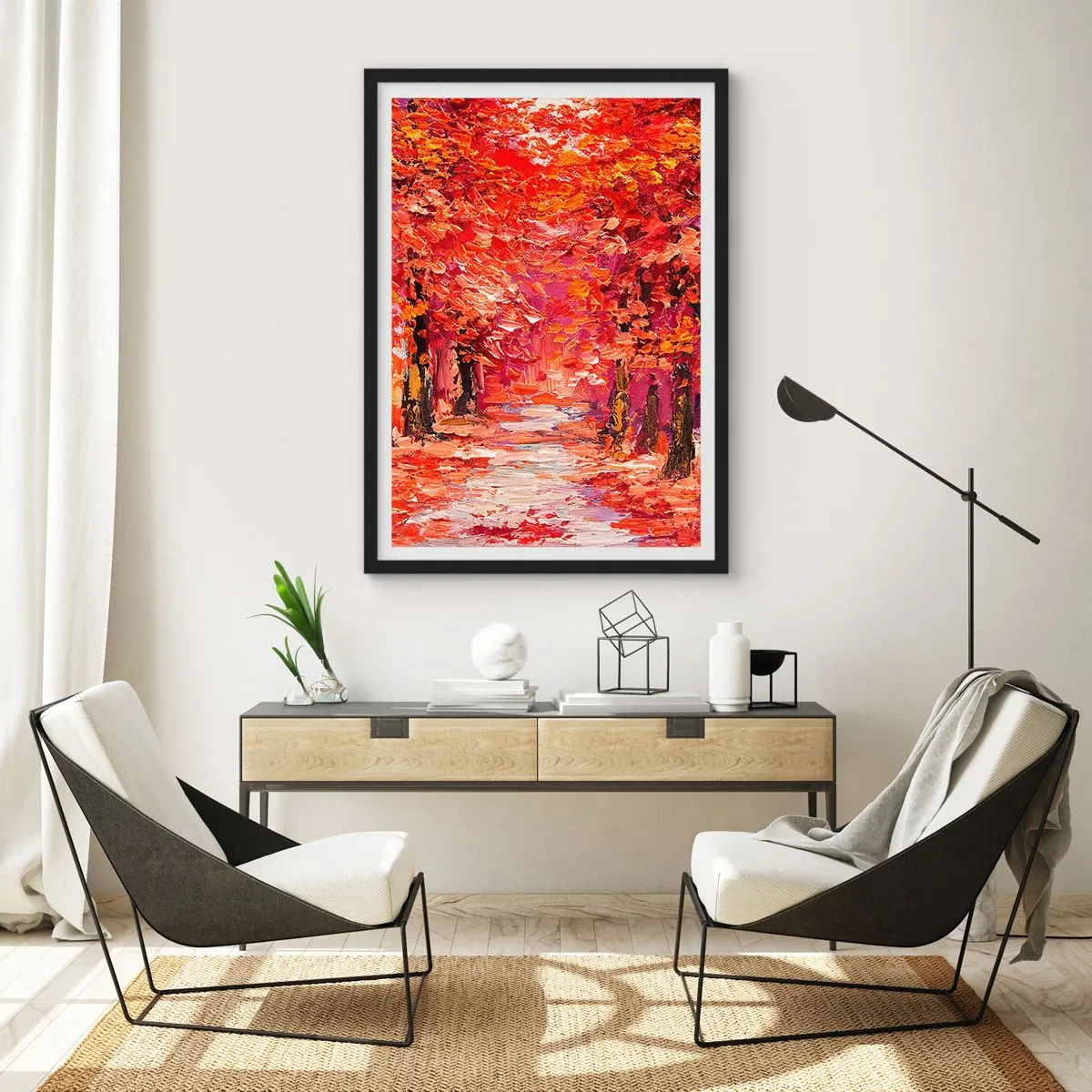 Poster în ramă neagră - O alee pitorească de toamnă în nuanțe roșii - 50x70cm - Impresie de toamnă - Decorațiune modernă pentru perete pentru living și dormitor ARTTOR