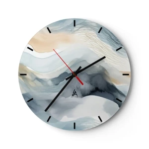 Ceas de perete - Ceas pe sticlă - Peisaj abstract în nuanțe de albastru și bej - 30x30cm - Abstracție de zăpadă și ceață - Decorațiune modernă pentru perete pentru living, bucătărie și dormitor ARTTOR