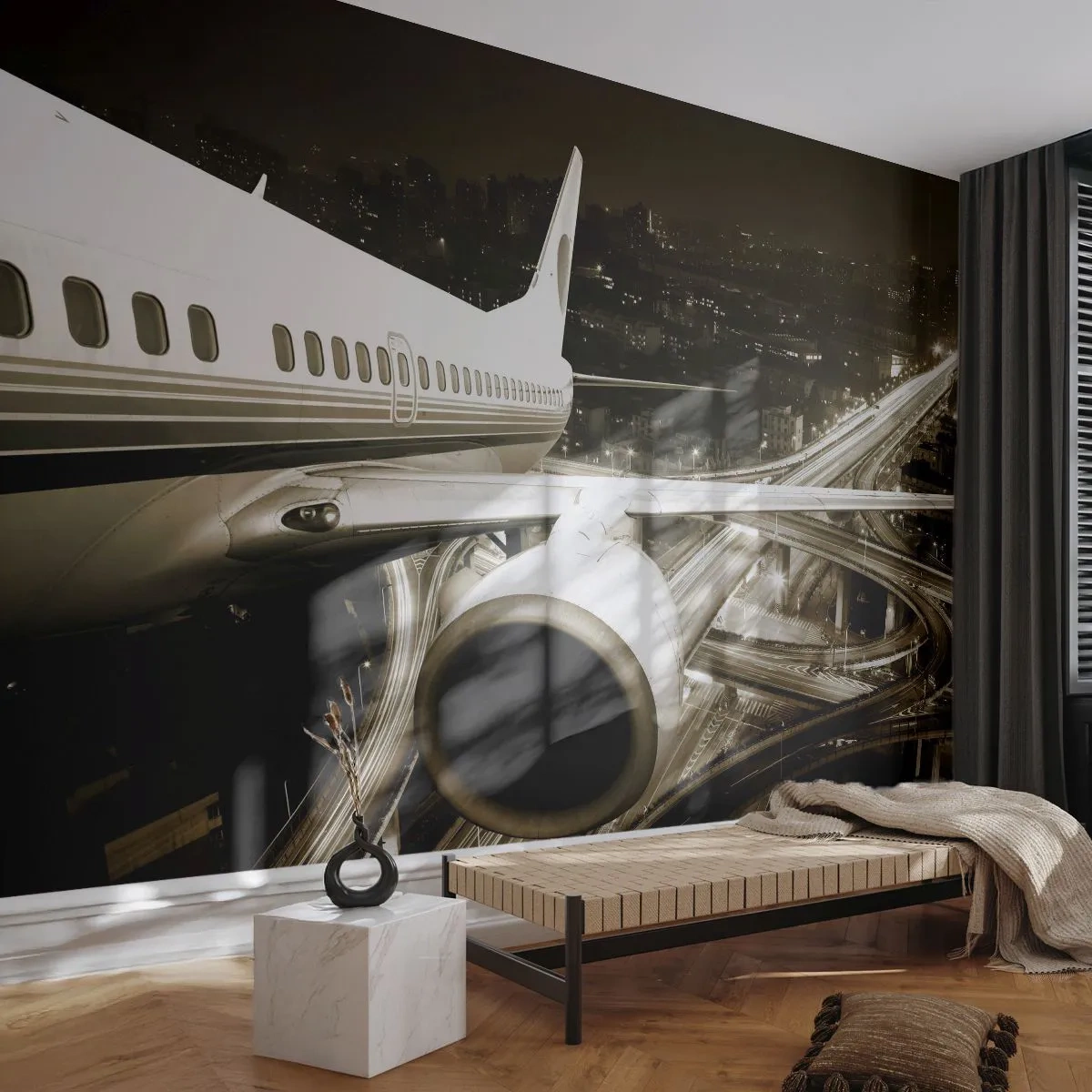 Tapet Premium Canvas - Zbor în noapte - Avion, Oraș, Automobile - 250x175 cm