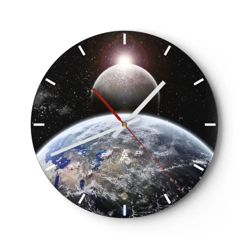 Ceas de perete - Ceas pe sticlă - Pământul și Luna în spațiu - 30x30cm - Peisaj cosmic - răsărit de soare - Decorațiune modernă pentru perete pentru living, bucătărie și dormitor ARTTOR