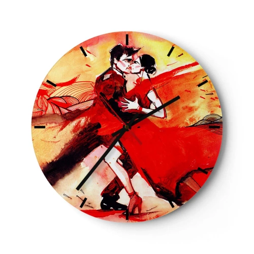 Ceas de perete - Ceas pe sticlă - Un cuplu dansând tango în nuanțe de roșu și auriu - 30x30cm - Ritmul pasiunii purpuriu - Decorațiune modernă pentru perete pentru living, bucătărie și dormitor ARTTOR