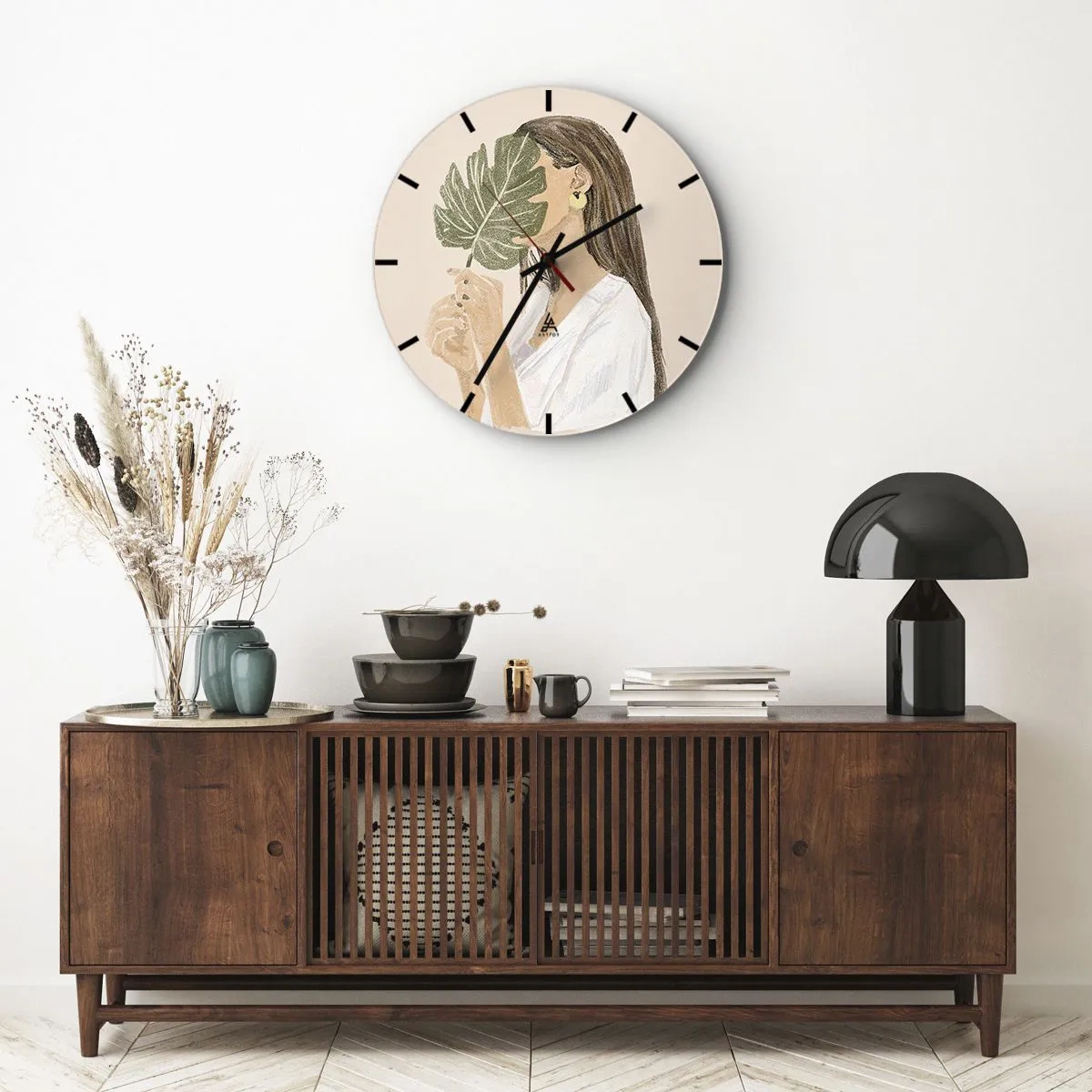 Ceas de perete - Ceas pe sticlă - Portret misterios cu un evantai - 30x30 cm