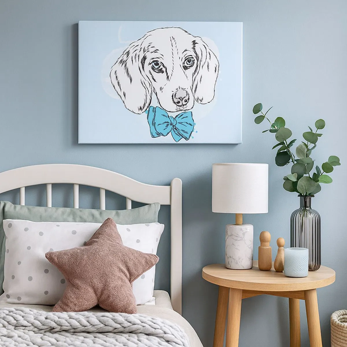 Tablou pe pânză Canvas - Grafică adorabilă cu un câine cu papion pe un fundal pastel - 70x50cm - Eleganța câinelui - Decorațiune modernă pentru perete pentru living și dormitor ARTTOR