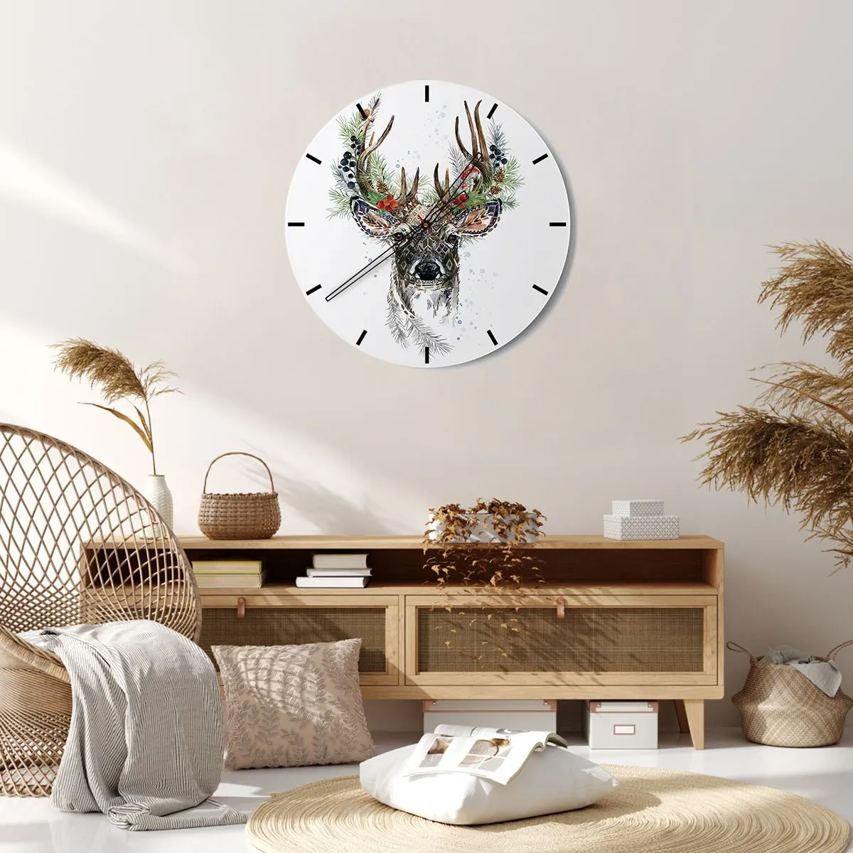 Ceas de perete - Ceas pe sticlă - Cerb stilizat cu coarne decorative - 30x30cm - În ținută festivă - Decorațiune modernă pentru perete pentru living, bucătărie și dormitor ARTTOR