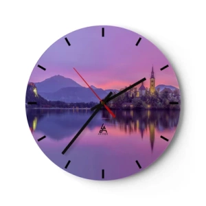 Ceas de perete - Ceas pe sticlă - O insulă cu o biserică pe un lac la amurg, cu un cer violet - 30x30cm - Insulă de basm la apus  - Decorațiune modernă pentru perete pentru living, bucătărie și dormitor ARTTOR