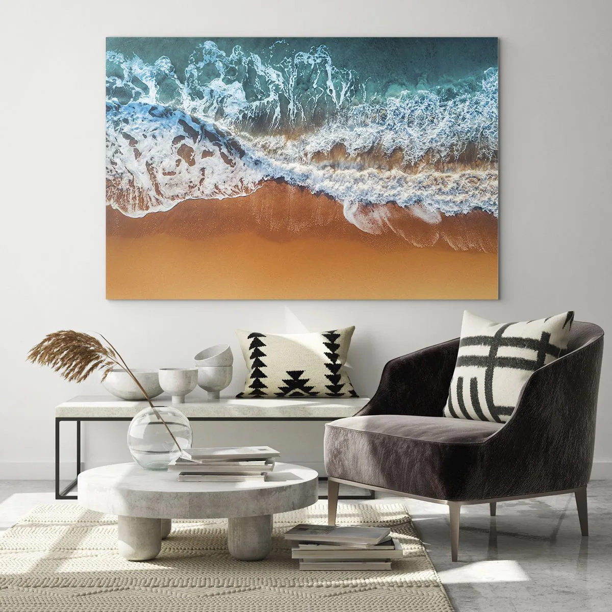 Tablou pe sticlă - O vedere de sus a valurilor oceanului care se izbesc de țărm - 70x50cm - Întotdeauna în tandem - Decorațiune modernă pentru perete pentru living și dormitor ARTTOR