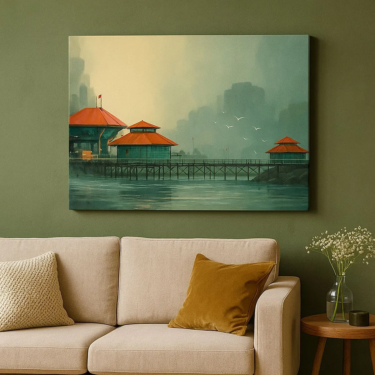 Tablou pe pânză Canvas - Clădiri portuare într-un peisaj ploios cu pescăruși - 70x50cm - O zi ploioasă în port - Decorațiune modernă pentru perete pentru living și dormitor ARTTOR
