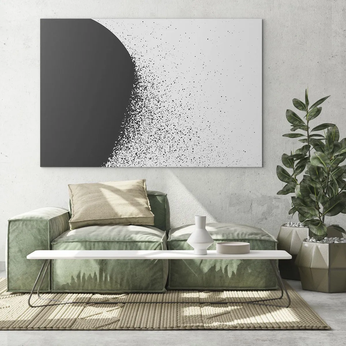 Tablou pe sticlă - Abstracția unei mase negre care se destramă pe un fundal alb - 70x50cm - Mișcarea particulelor - Decorațiune modernă pentru perete pentru living și dormitor ARTTOR