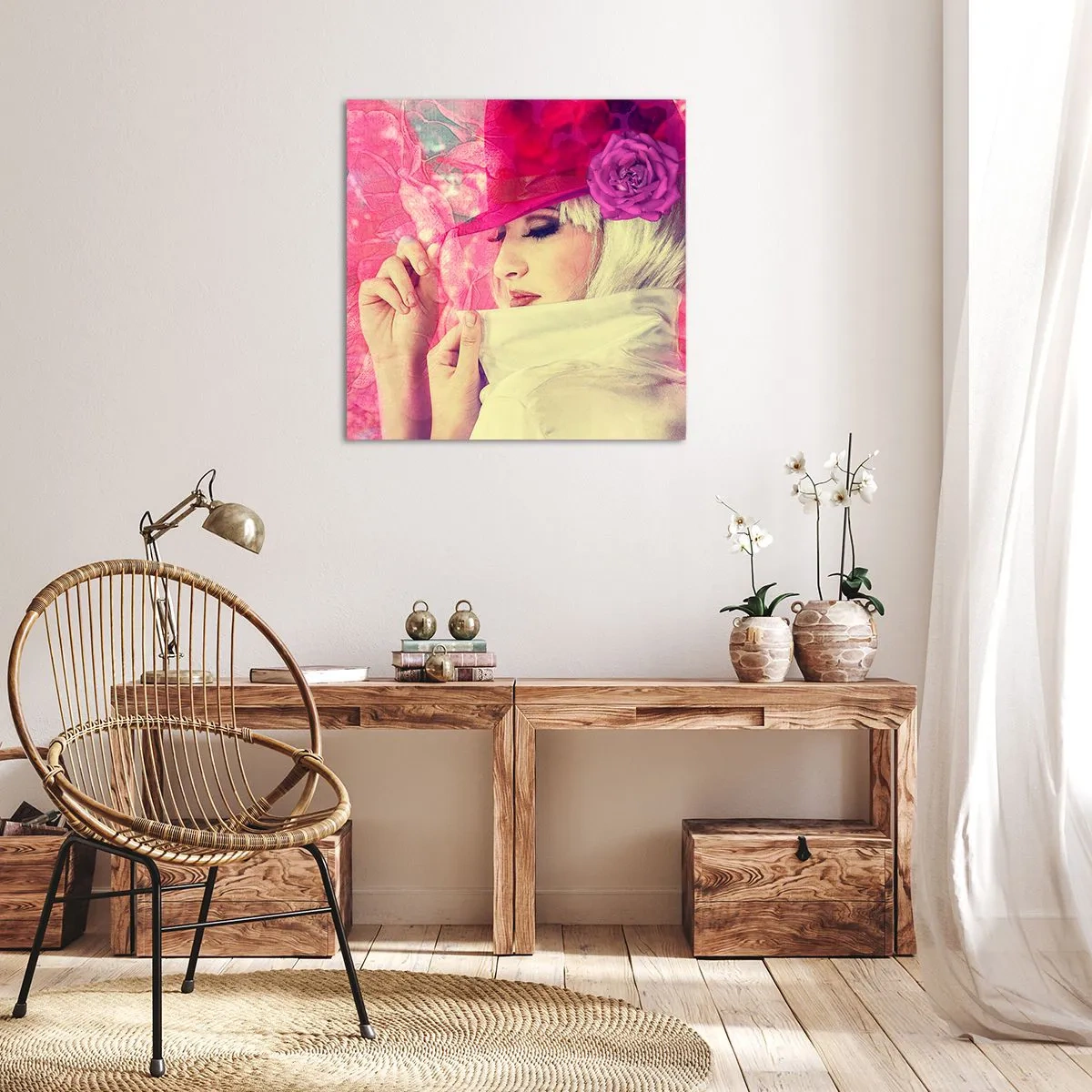 Tablou pe pânză - Portret retro în roz - 50x50 cm