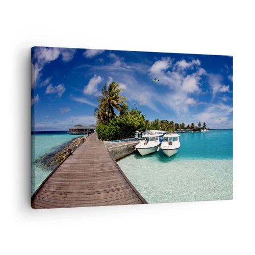 Tablou pe pânză Canvas - Un debarcader peste o mare turcoaz cu bărci și palmieri - 70x50cm - Și totuși paradisul există - Decorațiune modernă pentru perete pentru living și dormitor ARTTOR