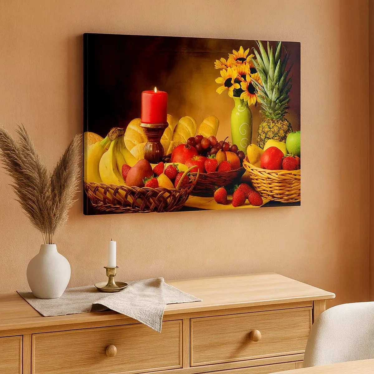 Tablou pe pânză Canvas - Natură statică cu fructe, pâine, lumânare și flori - 70x50cm - Natură moarte cu pâine și fructe - Decorațiune modernă pentru perete pentru living și dormitor ARTTOR