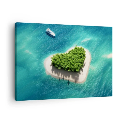 Tablou pe pânză Canvas - O insulă romantică în formă de inimă într-o mare turcoaz - 70x50cm - Iubesc vara - Decorațiune modernă pentru perete pentru living și dormitor ARTTOR