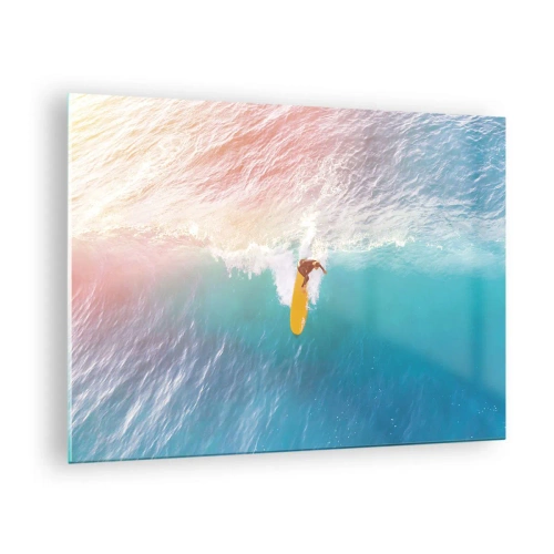 Tablou pe sticlă - Surfer călare pe un val în oceanul turcoaz - 70x50cm - Călărețul oceanului - Decorațiune modernă pentru perete pentru living și dormitor ARTTOR