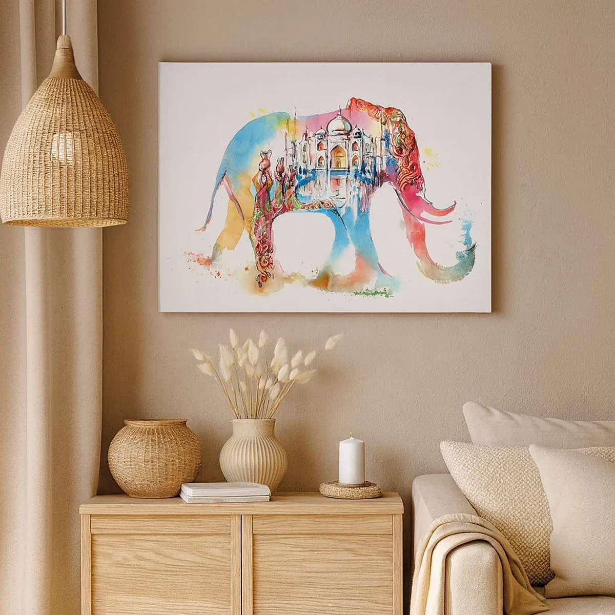 Tablou pe pânză Canvas - Pictură în acuarelă colorată a unui elefant cu motiv Taj Mahal - 70x50cm - India - aura iubirii - Decorațiune modernă pentru perete pentru living și dormitor ARTTOR