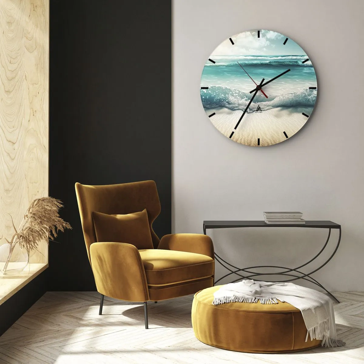 Ceas de perete - Ceas pe sticlă - Valuri turcoaz care se sparg pe o plajă nisipoasă - 30x30cm - Calmul oceanului - Decorațiune modernă pentru perete pentru living, bucătărie și dormitor ARTTOR