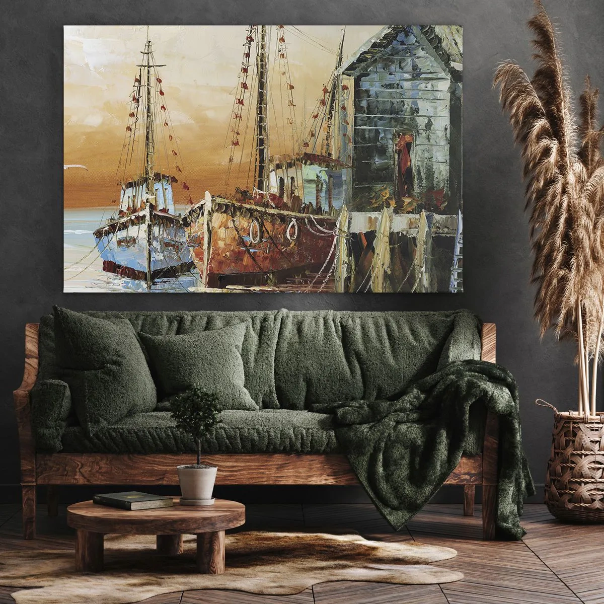 Tablou pe pânză Canvas - Bărci pe țărm în lumina caldă a apusului - 70x50cm - Întoarcere pașnică - Decorațiune modernă pentru perete pentru living și dormitor ARTTOR