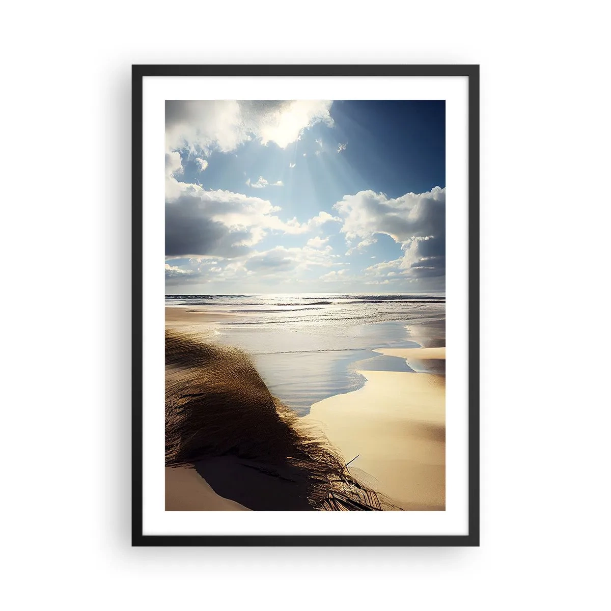 Poster în ramă neagră - Plajă la apus cu valuri și nori - 50x70cm - Plajă sălbatică - Decorațiune modernă pentru perete pentru living și dormitor ARTTOR