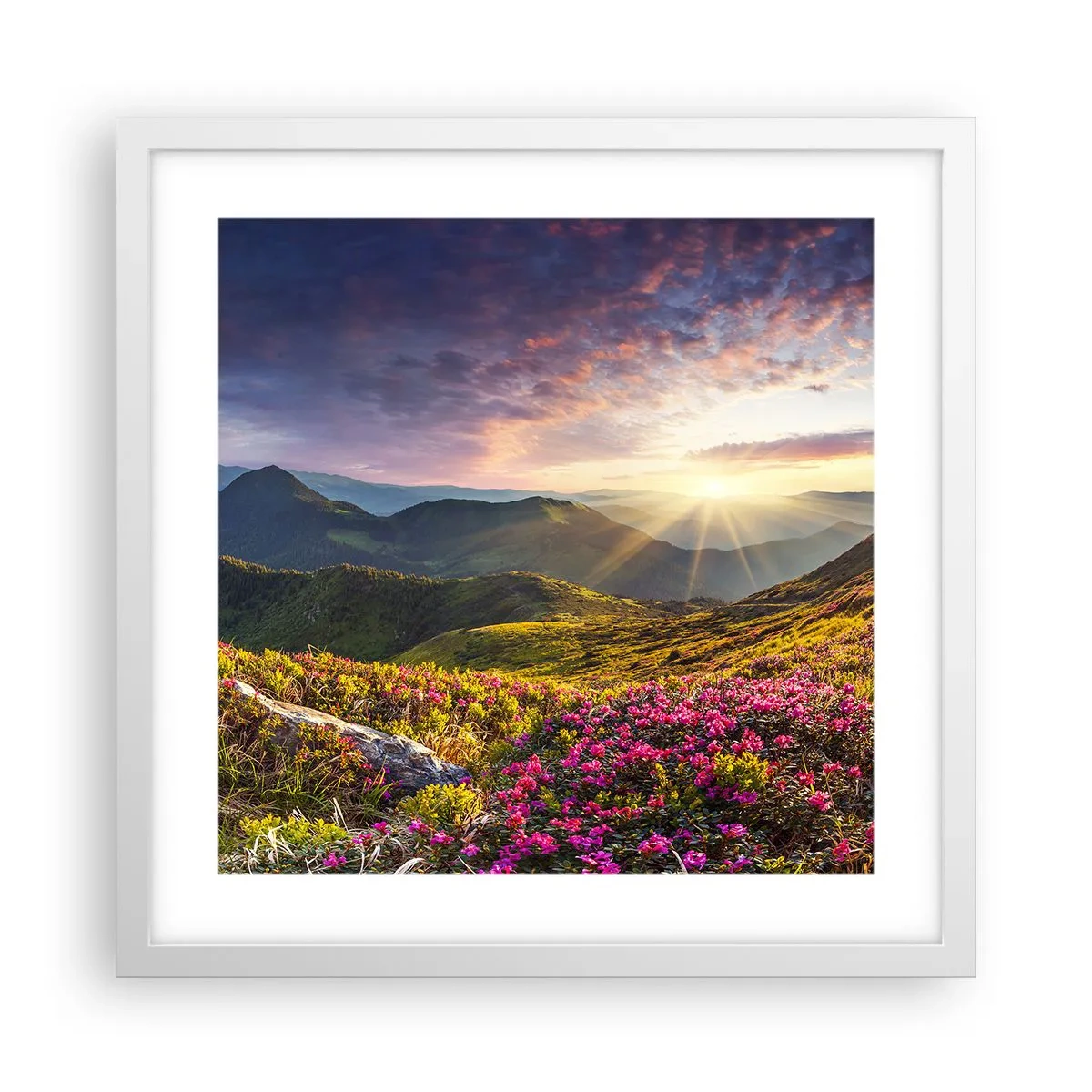 Poster în ramă albă - Prospețimea unei dimineți de munte - 40x40 cm