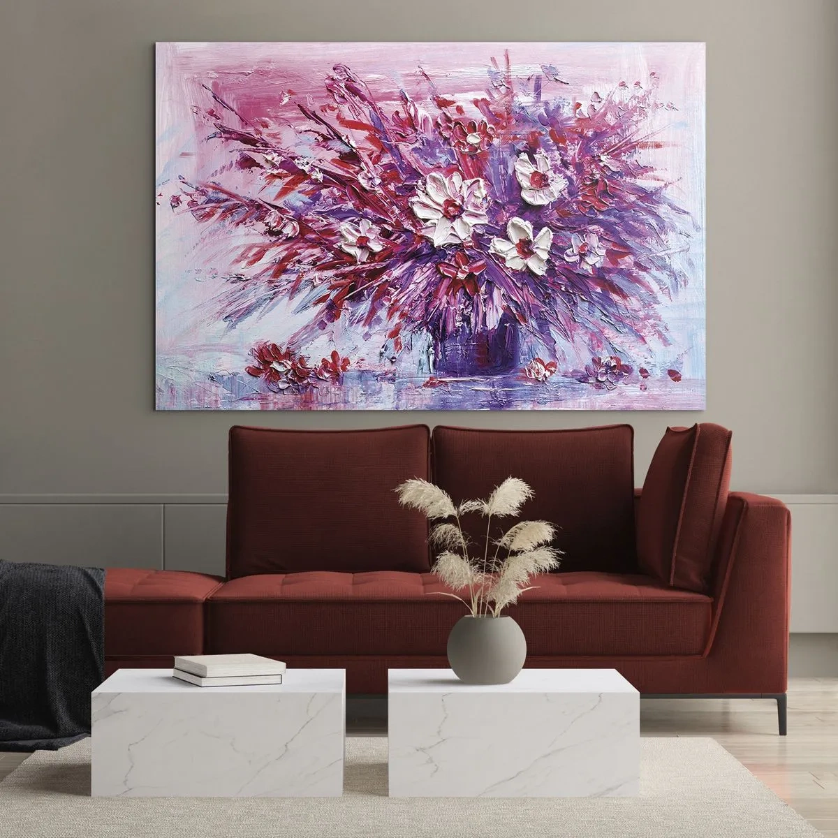 Tablou pe sticlă - Un buchet de flori în nuanțe de roz și violet - 70x50cm - Inocență și pasiune  - Decorațiune modernă pentru perete pentru living și dormitor ARTTOR