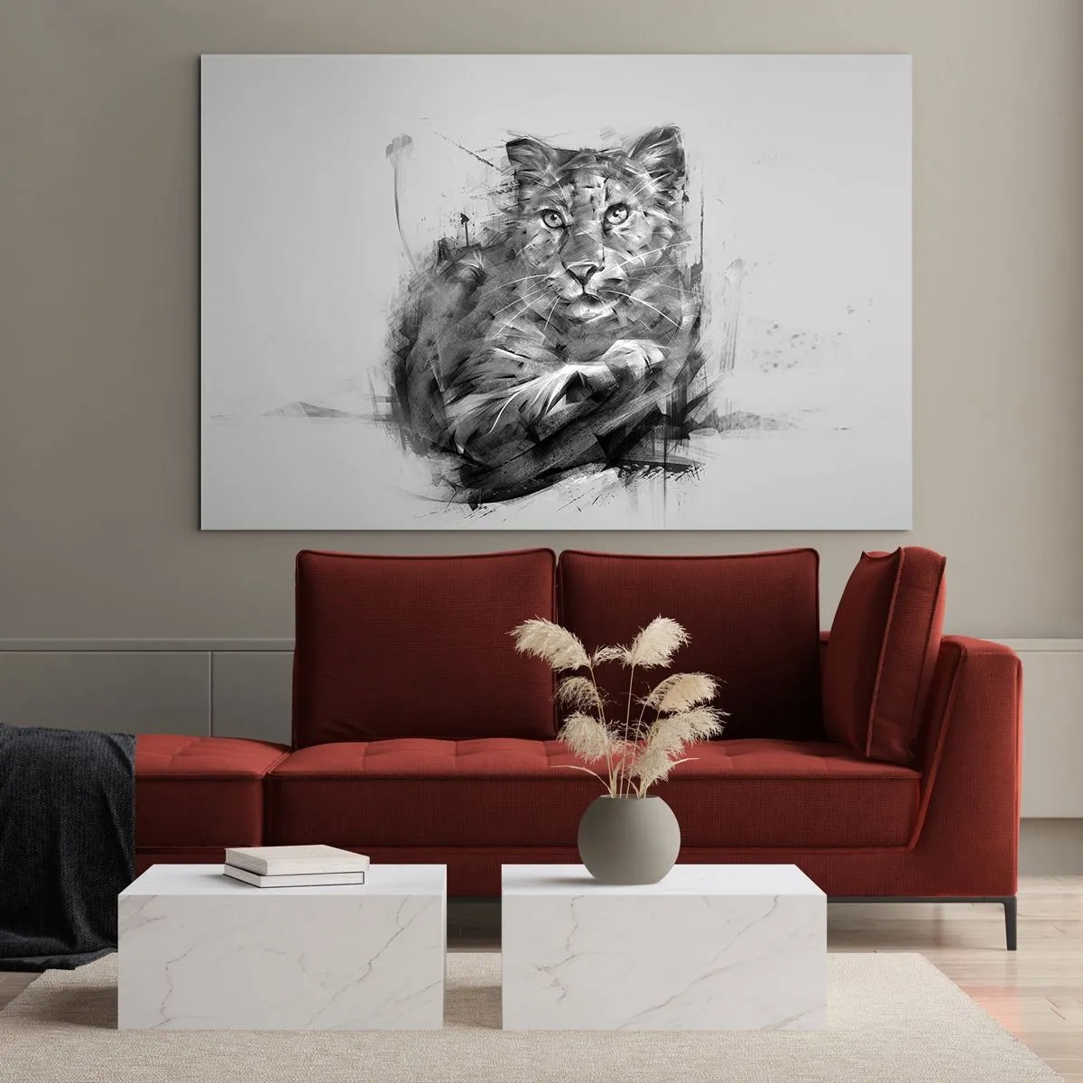 Tablou pe sticlă - Un desen al unui tigru în stil monocrom pe un fundal deschis - 70x50cm - Da, te ascult cu atenție - Decorațiune modernă pentru perete pentru living și dormitor ARTTOR