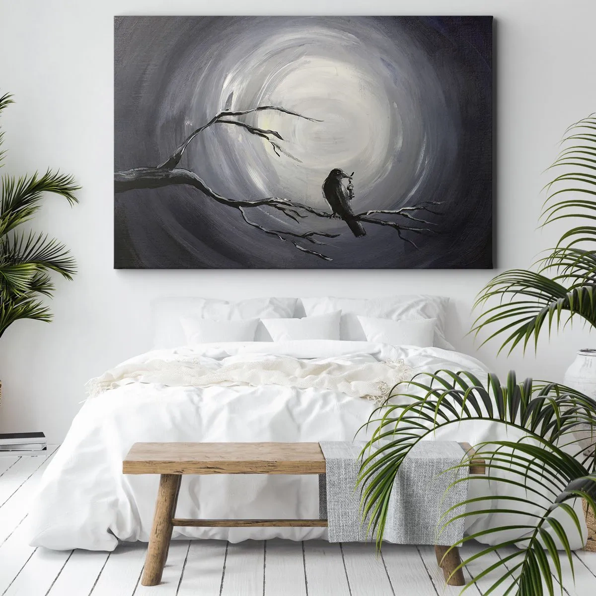 Tablou pe pânză Canvas - Pasăre neagră pe o creangă în lumina lunii - 70x50cm - Cheia pentru misterul nopții - Decorațiune modernă pentru perete pentru living și dormitor ARTTOR