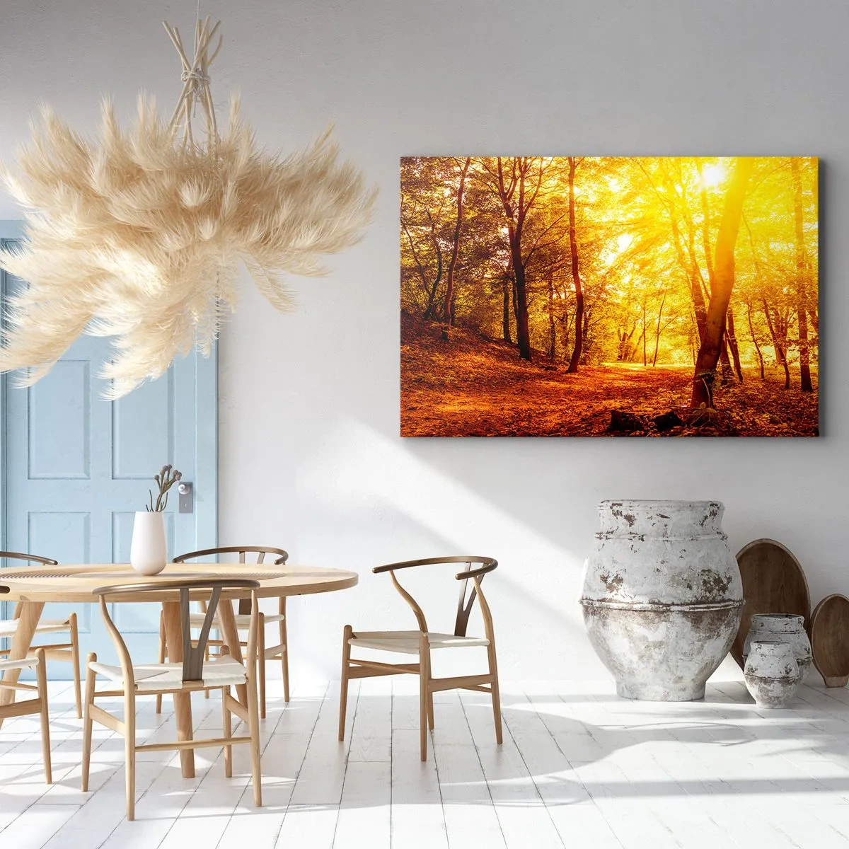 Tablou pe pânză Canvas - Poiana de toamnă în lumina aurie a soarelui cu o potecă de pădure - 70x50cm - Spre o poiană de aur - Decorațiune modernă pentru perete pentru living și dormitor ARTTOR