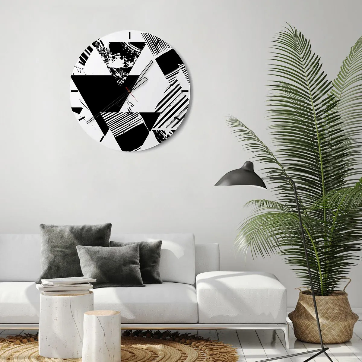 Ceas de perete - Ceas pe sticlă - Compoziție geometrică alb-negru cu triunghiuri - 30x30cm - Ploaie de triunghiuri - Decorațiune modernă pentru perete pentru living, bucătărie și dormitor ARTTOR