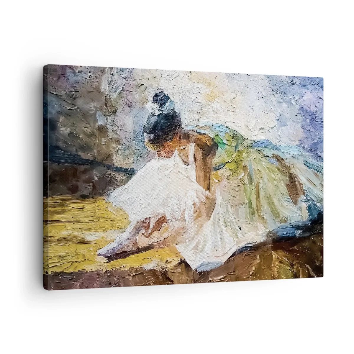 Tablou pe pânză Canvas - O balerină într-o rochie albă, în stil pictural, pe un fundal impresionist. - 70x50cm - Dintr-un tablou de Degas - Decorațiune modernă pentru perete pentru living și dormitor ARTTOR