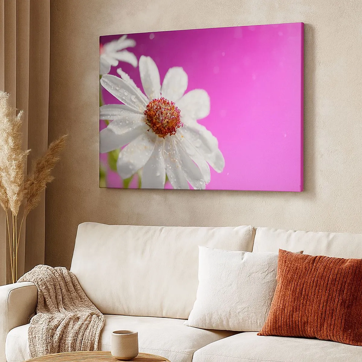 Tablou pe pânză Canvas - O margaretă albă acoperită cu picături de apă pe un fundal roz - 70x50cm - Modestă în frumusețea ei - Decorațiune modernă pentru perete pentru living și dormitor ARTTOR