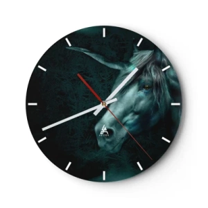 Ceas de perete - Ceas pe sticlă - Un unicorn într-un decor de pădure întunecată - 30x30cm - Într-o pădure de basm - Decorațiune modernă pentru perete pentru living, bucătărie și dormitor ARTTOR