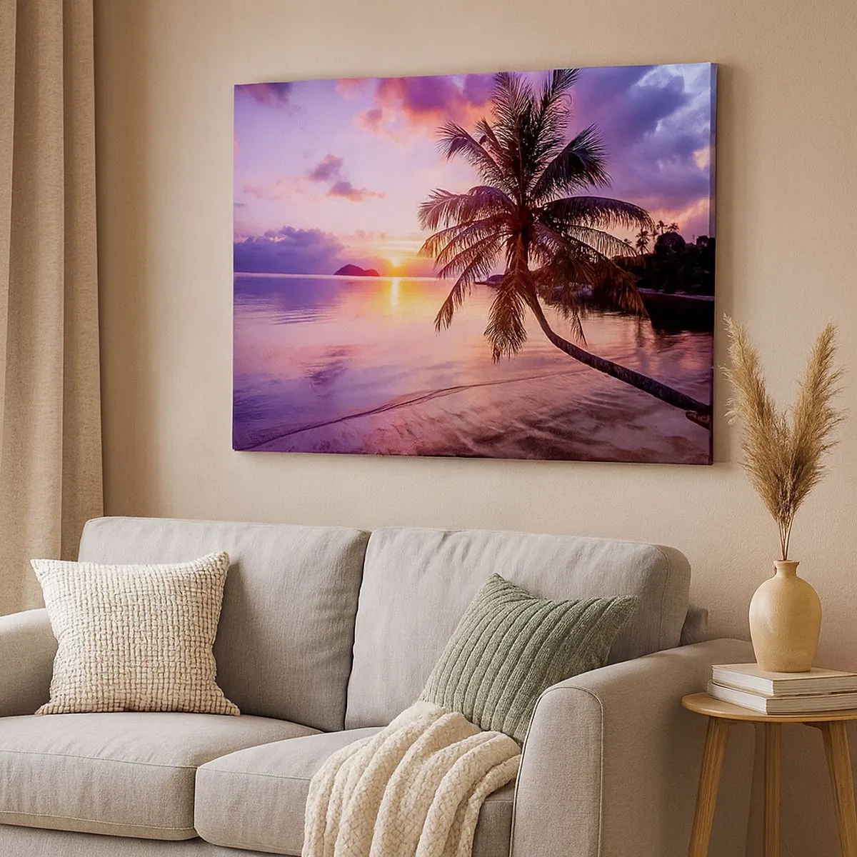 Tablou pe pânză Canvas - Plajă tropicală cu palmier la apus - 70x50cm - Euforie până la orizont - Decorațiune modernă pentru perete pentru living și dormitor ARTTOR