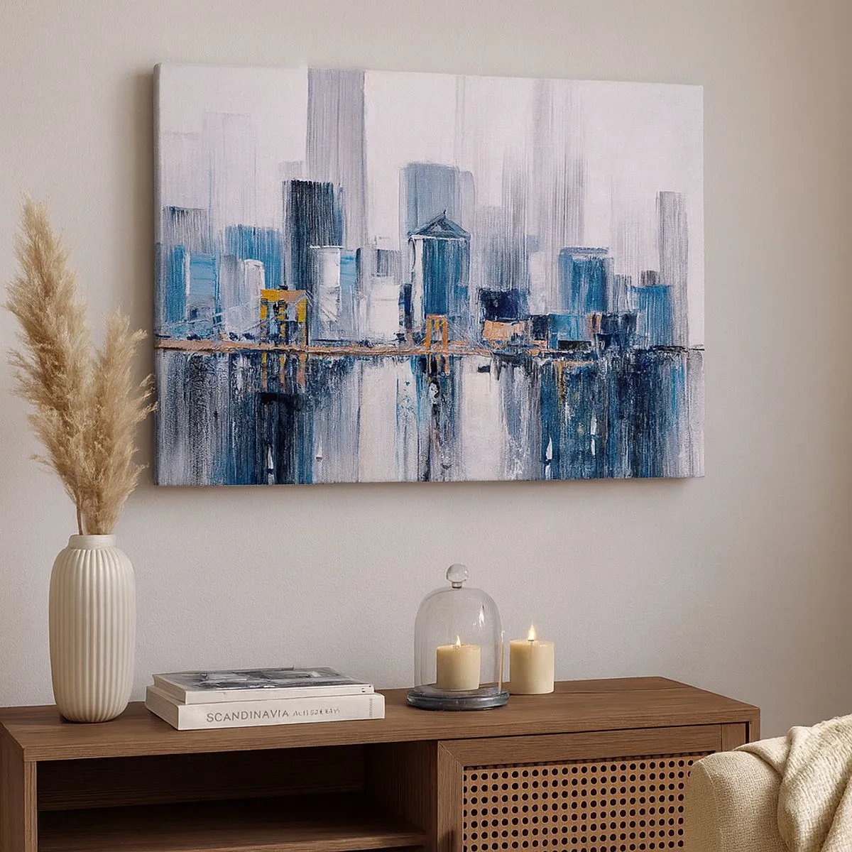 Tablou pe pânză Canvas - Panoramă abstractă a orașului cu nuanțe de albastru și galben - 70x50cm - Impresie de New York - Decorațiune modernă pentru perete pentru living și dormitor ARTTOR