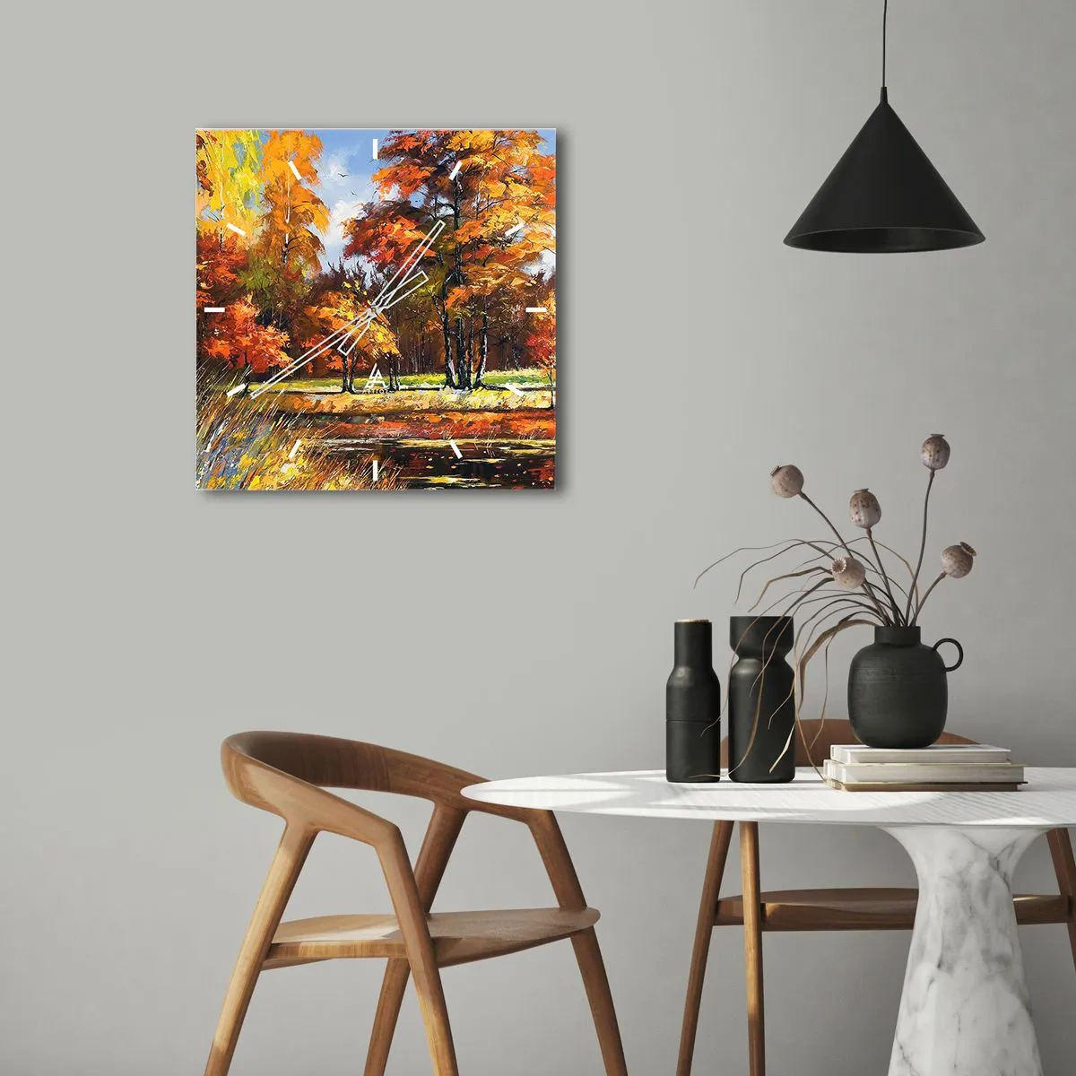 Ceas de perete - Ceas pe sticlă - Peisaj în aur și bronz - 40x40 cm