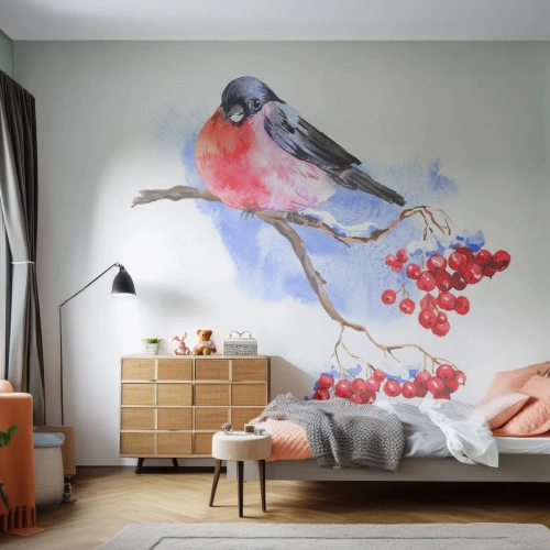 Tapet Standard Eco - Ilustrație în acuarelă a unui cintezet pe o ramură cu fructe roșii - 100x70cm - Iarna în culori - Decorațiune modernă pentru perete pentru living și dormitor ARTTOR