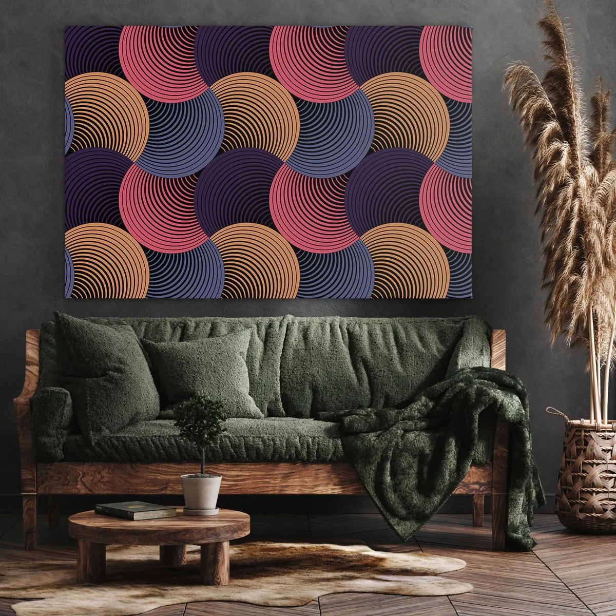 Tablou pe pânză Canvas - Cercuri geometrice în nuanțe de roz, violet și auriu - 70x50cm - Într-un ritm de cerc - Decorațiune modernă pentru perete pentru living și dormitor ARTTOR