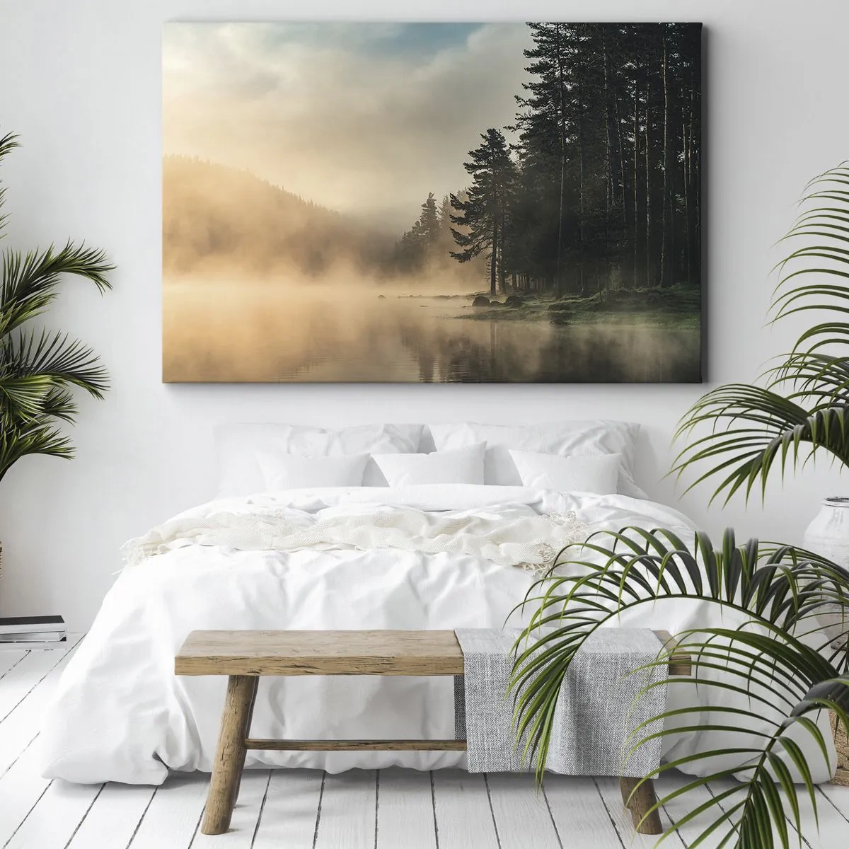 Tablou pe pânză Canvas - O pădure învăluită în ceață peste un lac liniștit - 70x50cm - Nașterea unei zile - Decorațiune modernă pentru perete pentru living și dormitor ARTTOR