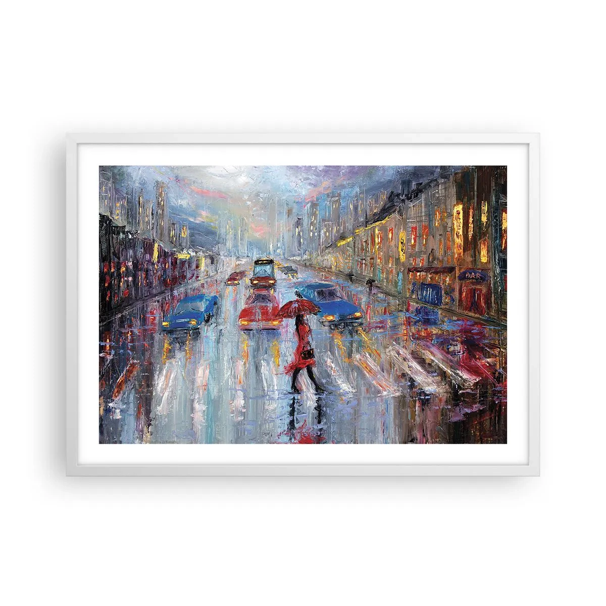 Poster în ramă albă - O după-amiază ploioasă în oraș - 70x50 cm