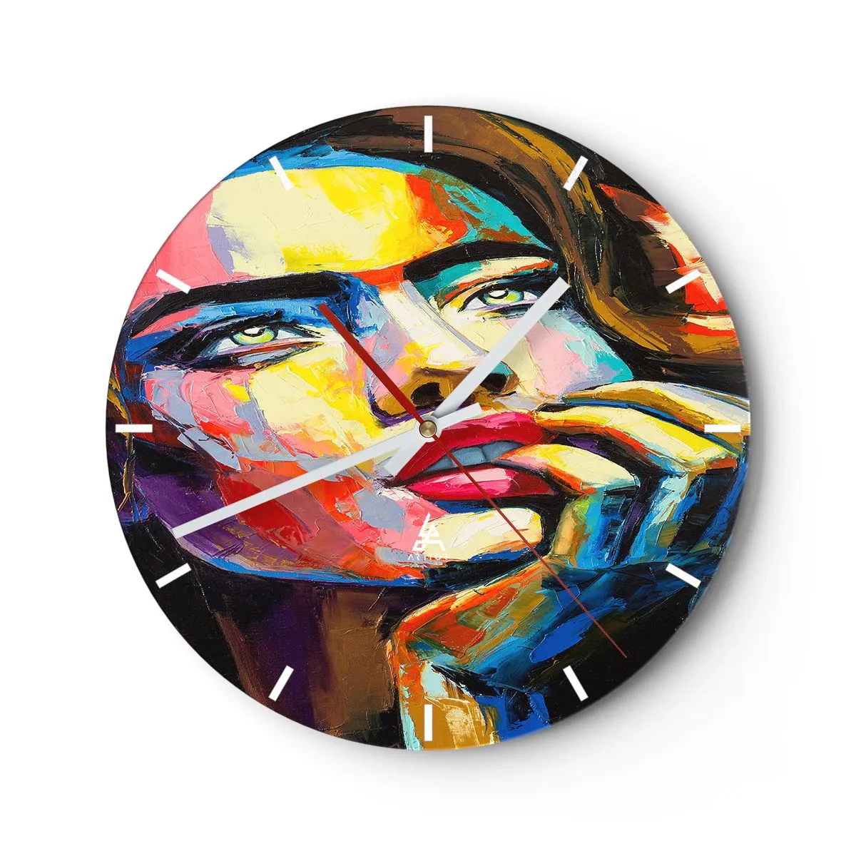 Ceas de perete - Ceas pe sticlă - Portret colorat al unei femei într-un stil abstract - 30x30cm - Visele ca niște păsări se înalță pe cer - Decorațiune modernă pentru perete pentru living, bucătărie și dormitor ARTTOR