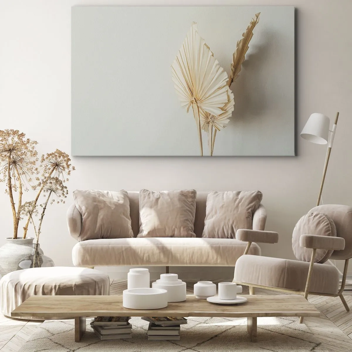 Tablou pe pânză Canvas - Frunze de palmier uscate într-un aranjament minimalist - 70x50cm - Când este nevoie de ușurare - Decorațiune modernă pentru perete pentru living și dormitor ARTTOR