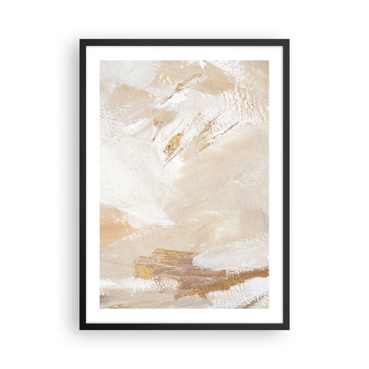 Poster în ramă neagră - Pensule abstracte în bej și auriu - 50x70cm - Compoziție pastel - Decorațiune modernă pentru perete pentru living și dormitor ARTTOR