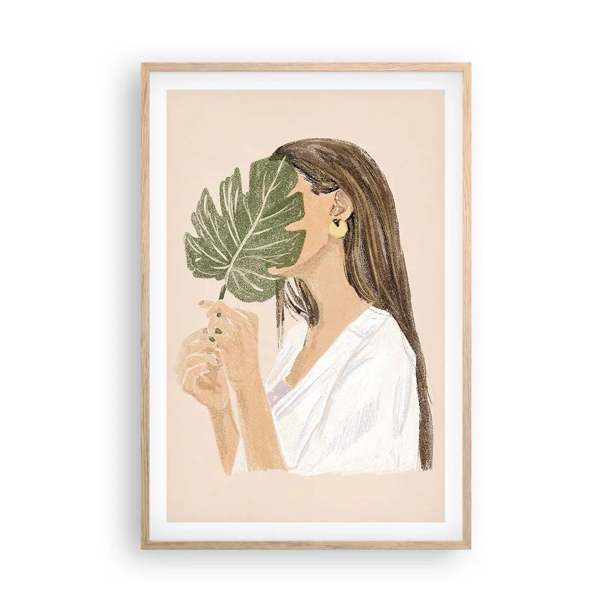 Poster în ramă de stejar deschis - Portret misterios cu un evantai - 61x91 cm