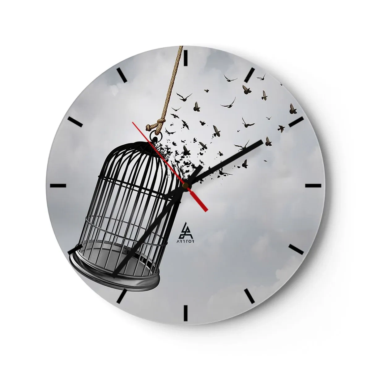 Ceas de perete - Ceas pe sticlă - Colivia se deschide și păsările zboară pe cer - 30x30cm - Credință...Speranță...Libertate! - Decorațiune modernă pentru perete pentru living, bucătărie și dormitor ARTTOR