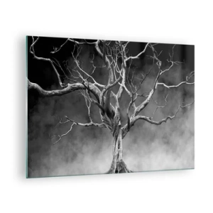 Tablou pe sticlă - Copac negru pe fundalul ceții - 70x50cm - Primare și sacre - Decorațiune modernă pentru perete pentru living și dormitor ARTTOR