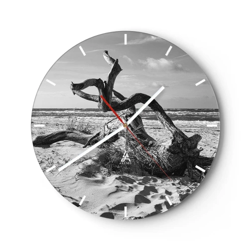 Ceas de perete - Ceas pe sticlă - Un peisaj alb-negru cu o creangă căzută pe o plajă cu nisip. - 30x30cm - Sculptură marină - Decorațiune modernă pentru perete pentru living, bucătărie și dormitor ARTTOR