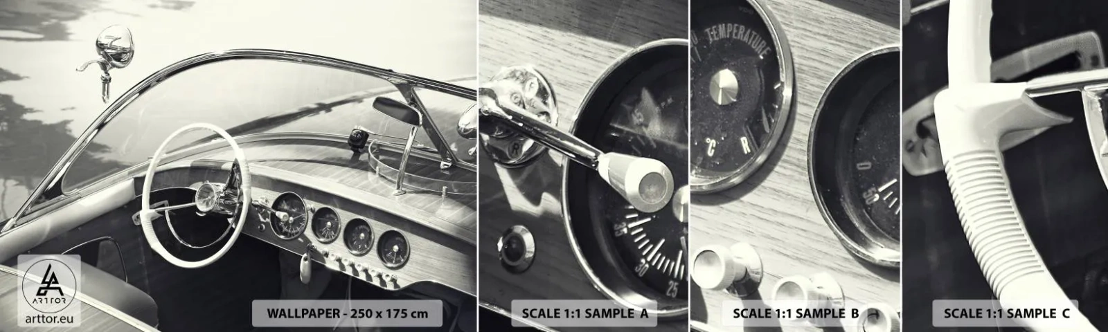 Mostră de Tapet Standard Eco - E timpul pentru cei bogați - Barcă de epocă, Barcă cu motor, alb-negru - 100x30 cm