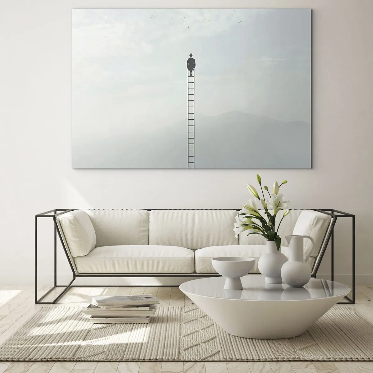 Tablou pe sticlă - Silueta unui bărbat în vârful unei scări printre nori - 70x50cm - Fii deasupra - Decorațiune modernă pentru perete pentru living și dormitor ARTTOR
