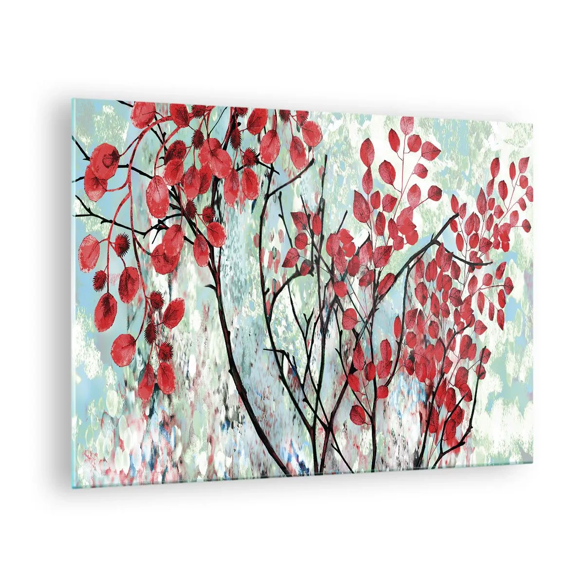 Tablou pe sticlă - Ramuri cu frunze roșii pe un fundal pictat - 70x50cm - Arbore în stacojiu - Decorațiune modernă pentru perete pentru living și dormitor ARTTOR