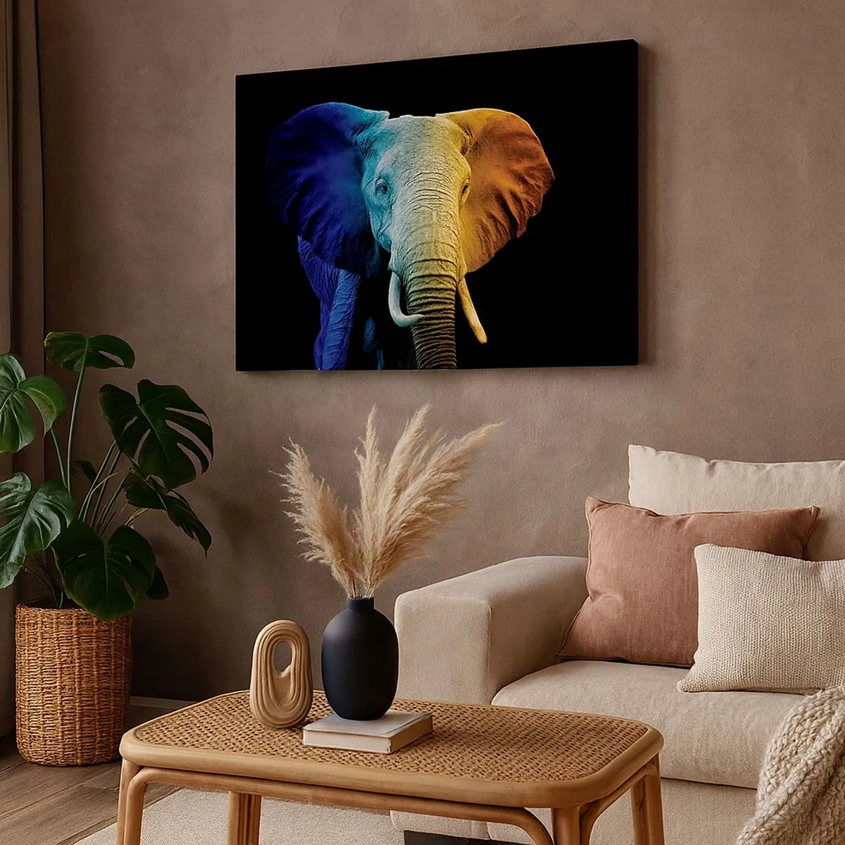 Tablou pe pânză Canvas - Portret de elefant în culorile curcubeului - 70x50cm - Excentric, nu ciudat - Decorațiune modernă pentru perete pentru living și dormitor ARTTOR
