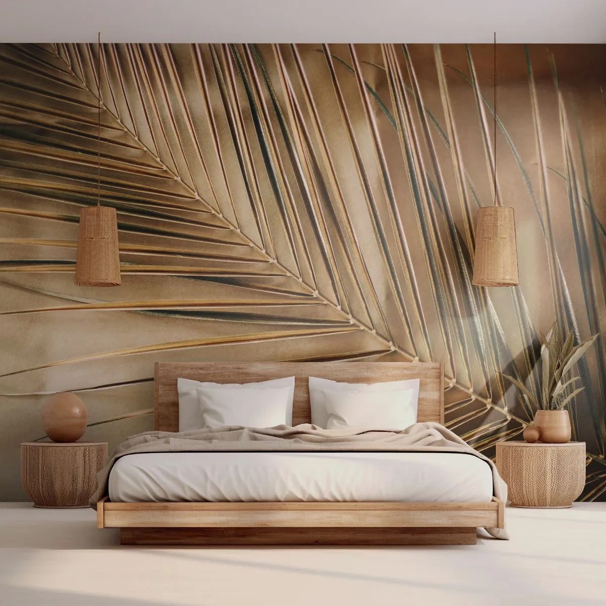 Tapet Premium Sand - Colonadă naturală - Frunza de palmier, Grafică, Tropicele - 350x256 cm